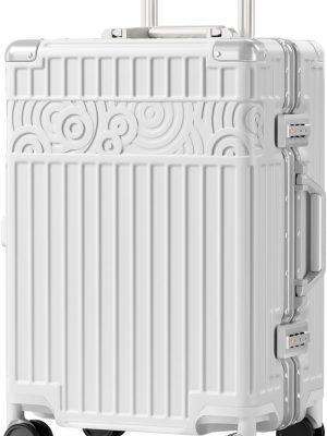 Carry On Luggage with Aluminum Frame Zipperless Luggage with 8 Wheels 20inch Hard Shell Suitcase with PC+ABS TSA Lock 4 Metal Corner White