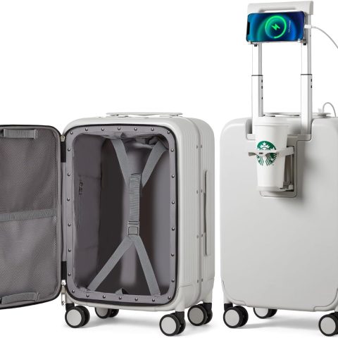 Carry On Luggage with Cup Phone Holder and Charger Hard Shell Suitcases with Spinner Wheels, 20 Inch Smoke White