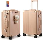 Hard Shell Carry On Luggage 22x14x9 Airline Approved,20 Inch Aluminum Luggage with 100% 3-Layer PC,Carry On Suitcases with Wheels,Cup Holder and USB Port ( Pink, 20 inch)
