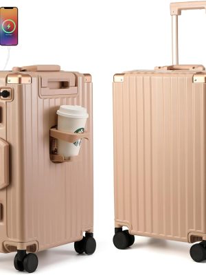 Hard Shell Carry On Luggage 22x14x9 Airline Approved,20 Inch Aluminum Luggage with 100% 3-Layer PC,Carry On Suitcases with Wheels,Cup Holder and USB Port ( Pink, 20 inch)