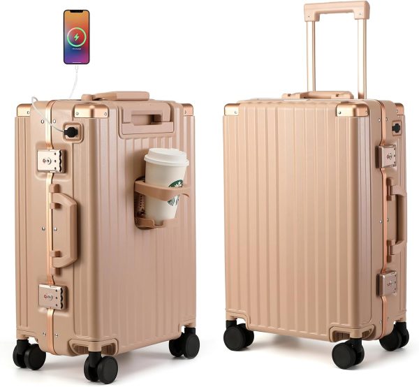 Hard Shell Carry On Luggage 22x14x9 Airline Approved,20 Inch Aluminum Luggage with 100% 3-Layer PC,Carry On Suitcases with Wheels,Cup Holder and USB Port ( Pink, 20 inch)