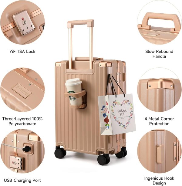 Hard Shell Carry On Luggage 22x14x9 Airline Approved,20 Inch Aluminum Luggage with 100% 3-Layer PC,Carry On Suitcases with Wheels,Cup Holder and USB Port ( Pink, 20 inch)