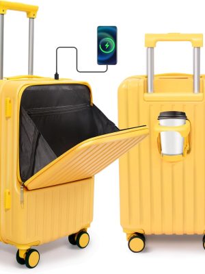 Front Pocket Luggage, Carry-on Luggage with Spinner Wheels, Suitcase with Cup Holder, USB Port (Yellow, Carry-On 20-Inch)